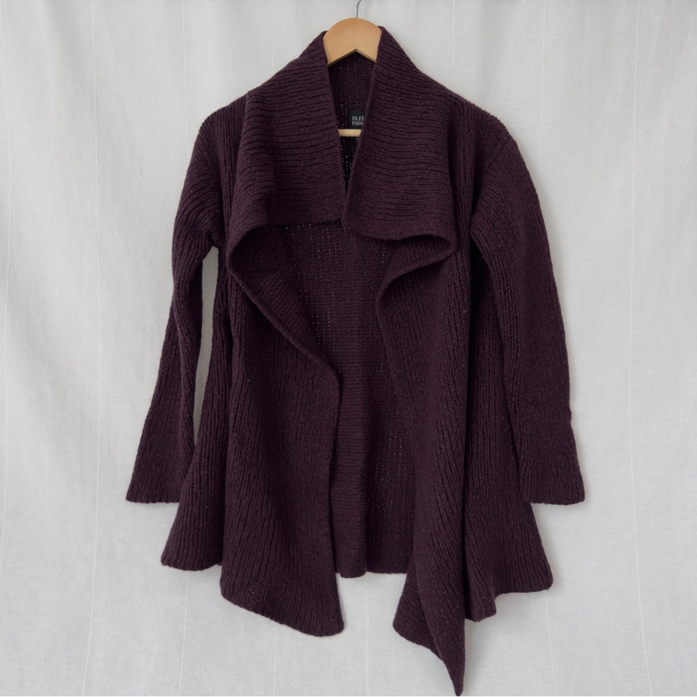 EILEEN FISHER | Italian Wool Blend Shawl Collar Cardigan Burgundy Plum | Size S - Picture 1 of 8